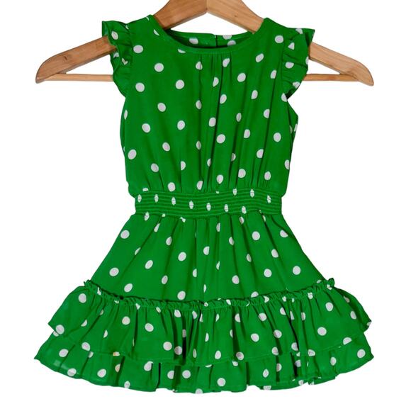 Janie and Jack Crepe Green Dress Girls 2T White Polka Dots Elastic Waist - Picture 1 of 8